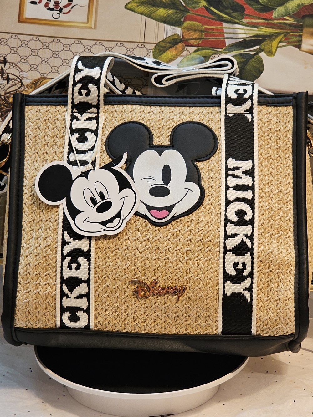 Disney Mickey Mouse Rafia Black & Natural Crossbody Bag - Picture 4 of 16